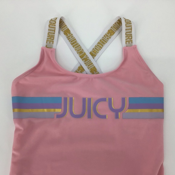 Juicy Couture Girl's NWT Pink One Piece Logo Gold Cross Strap Swimsuit, 14/16 - Picture 4 of 14